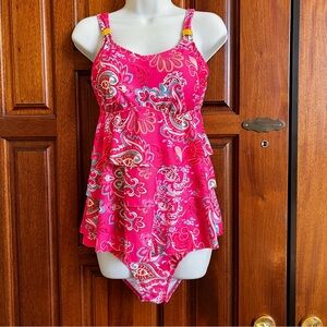 Pink And Blue Paisley Ruffled Swim Top And High Waisted Bottoms Size M